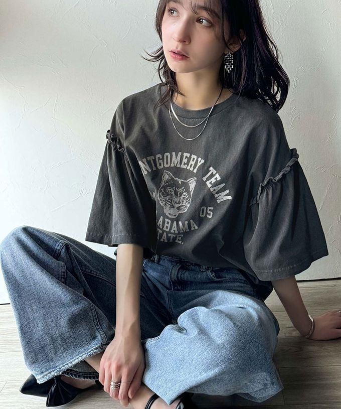 日本 Classical Elf - 貓科酷印花寬大荷葉五分袖上衣-靛藍