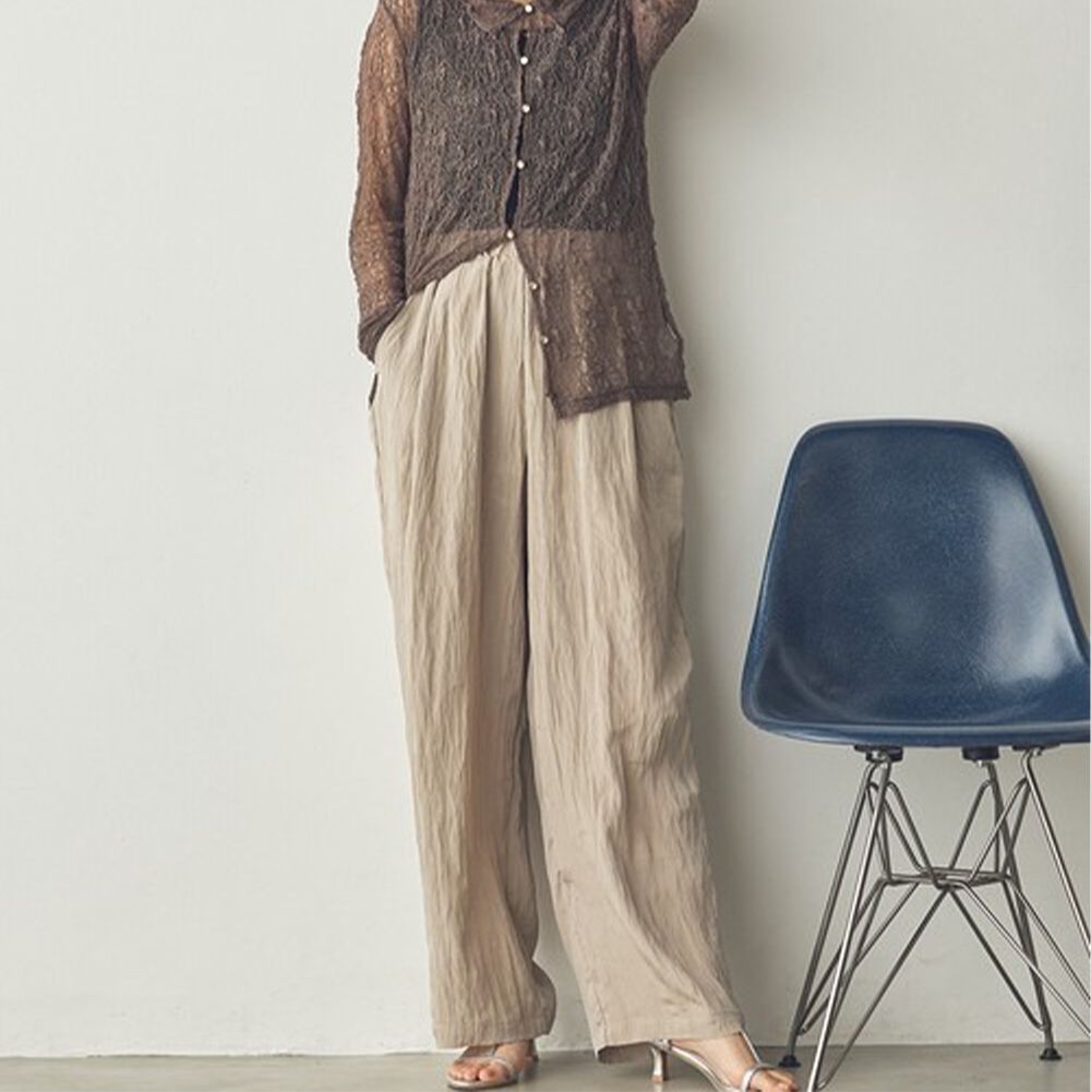 飄逸皺摺柔滑緞面感長褲-卡其棕
