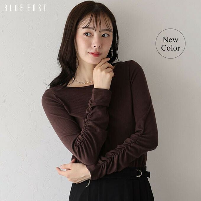 日本 BLUE EAST - 個性皺褶顯瘦U領合身長袖上衣-咖啡