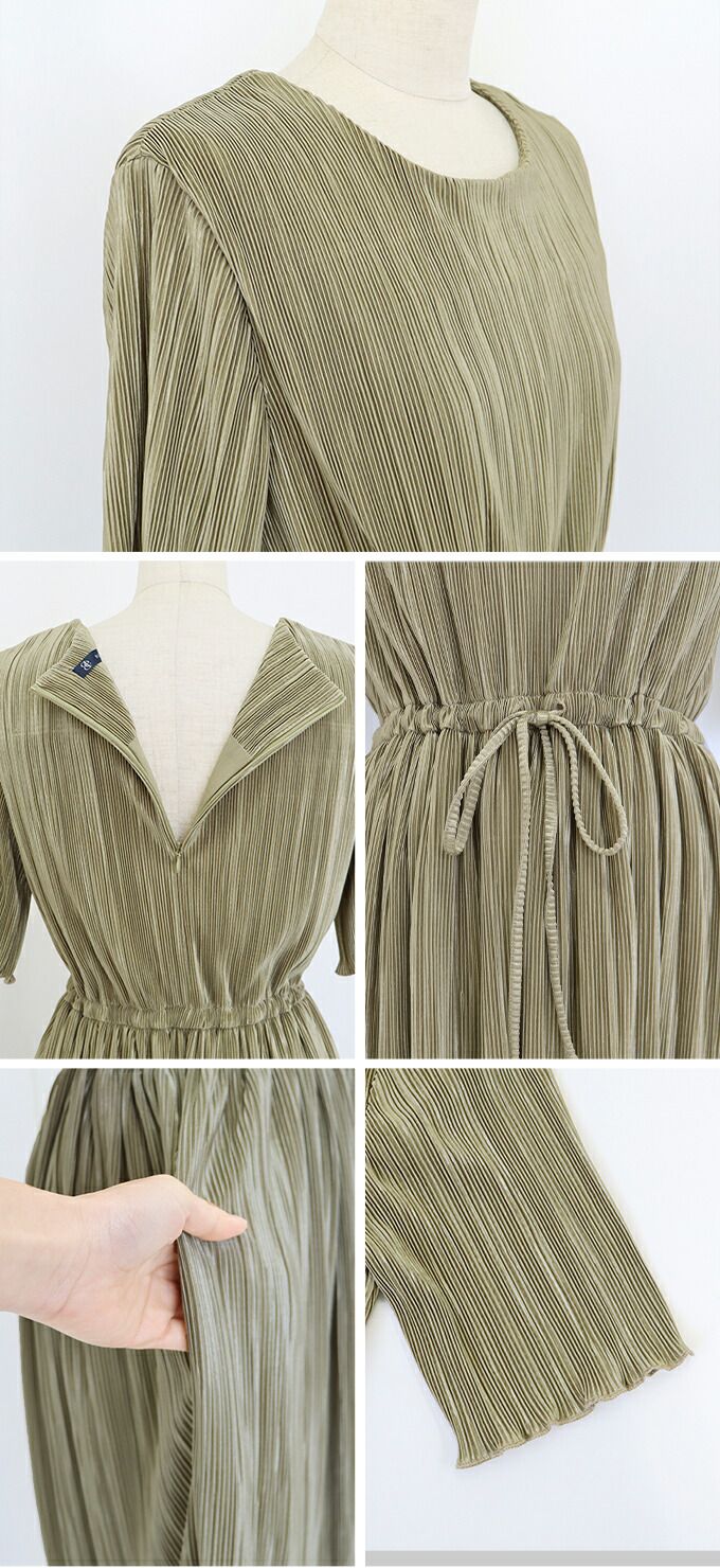 日本 BLUE EAST - 微光澤細摺縮腰短袖洋裝-黑