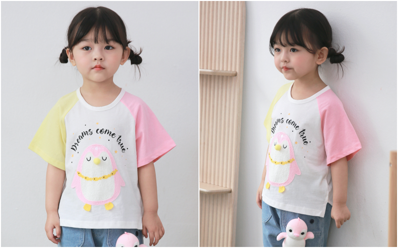 韓國 Coco rabbit - 立體企鵝鼻子拼接色T-粉紅