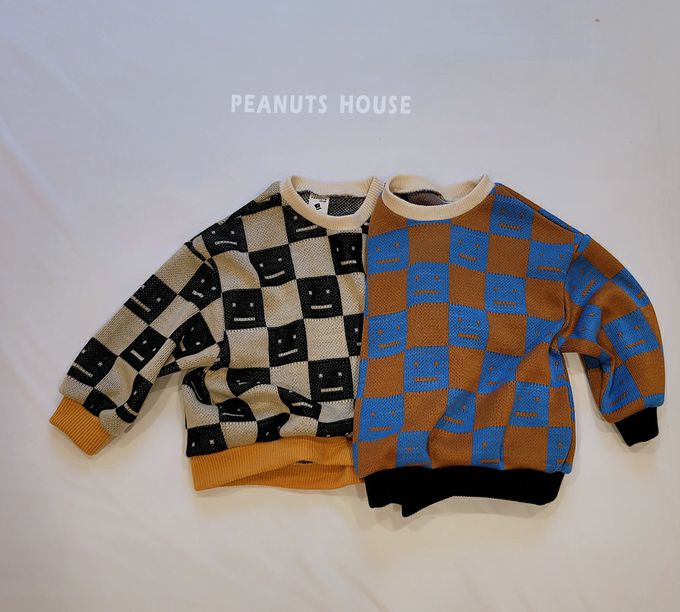 韓國 Peanuts House - 格紋方型臉印長袖針織上衣-黑X卡其