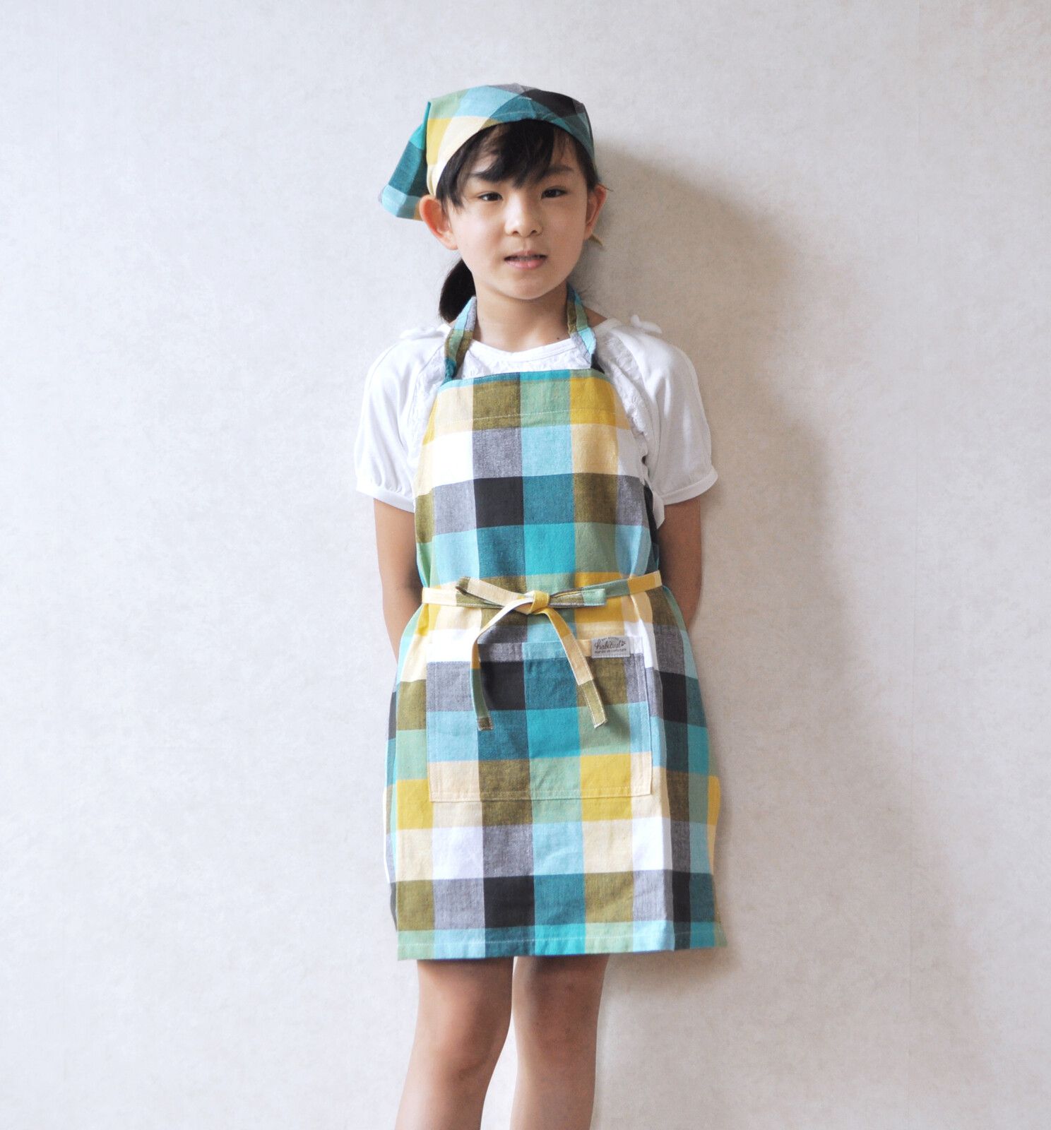 日本代購 - 印度棉兒童料理圍裙+頭巾兩件組-經典格紋-綠 (100cm~)