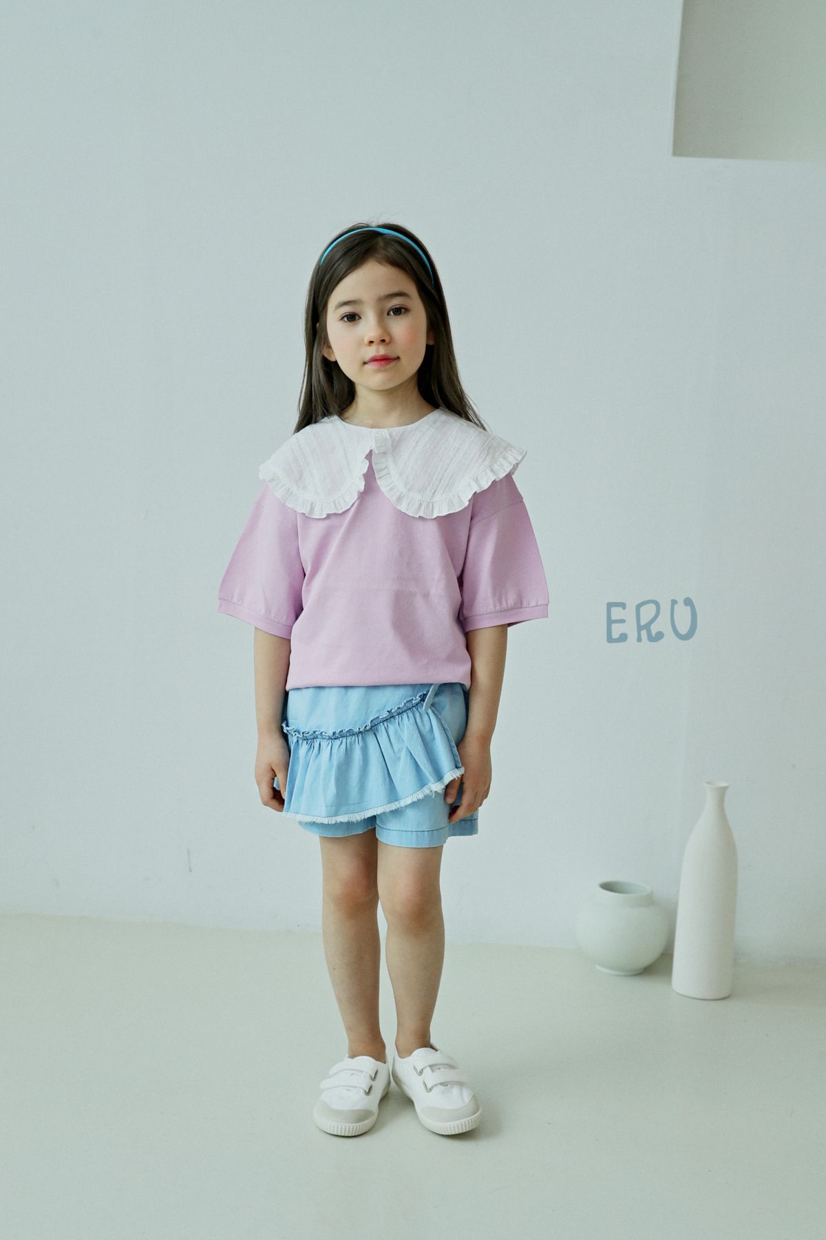 韓國 ERU - 斜邊荷葉裝飾牛仔褲裙