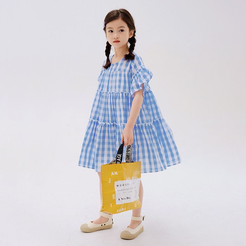 夏日風情拼接蛋糕裙洋裝-藍白格紋