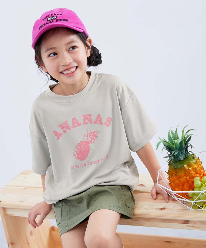 日本 devirock - 速乾網眼 女孩印花短袖上衣-圓圈logo-煙燻粉