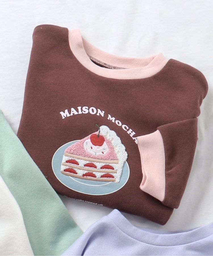 日本 apres les cours - 刺繡童趣印花圓領長袖上衣-草莓蛋糕-摩卡