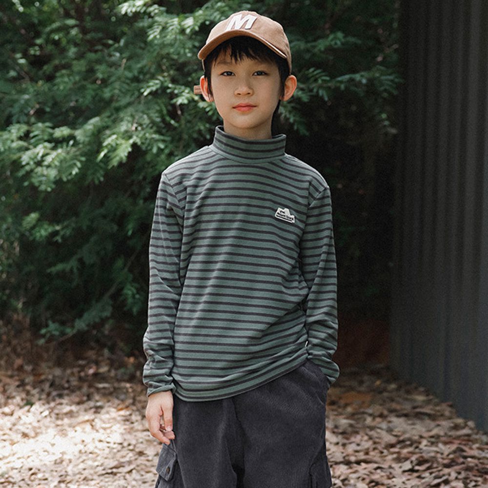 德絨保暖半高領長袖上衣-綠色條紋