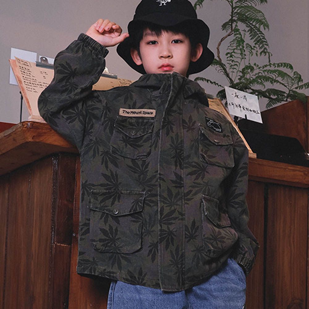 純棉多口袋工裝連帽外套-樹葉