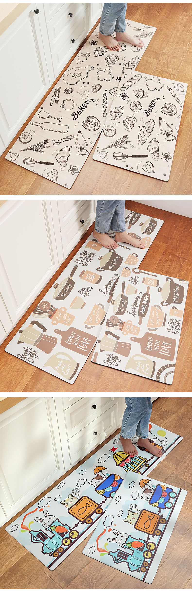 廚房仿皮革PVC防水腳踏墊-簡約英文-白色