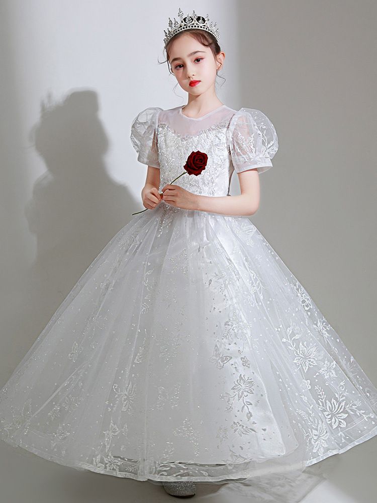 桃心V領公主泡泡五分袖網紗禮服-滿滿亮片-白色