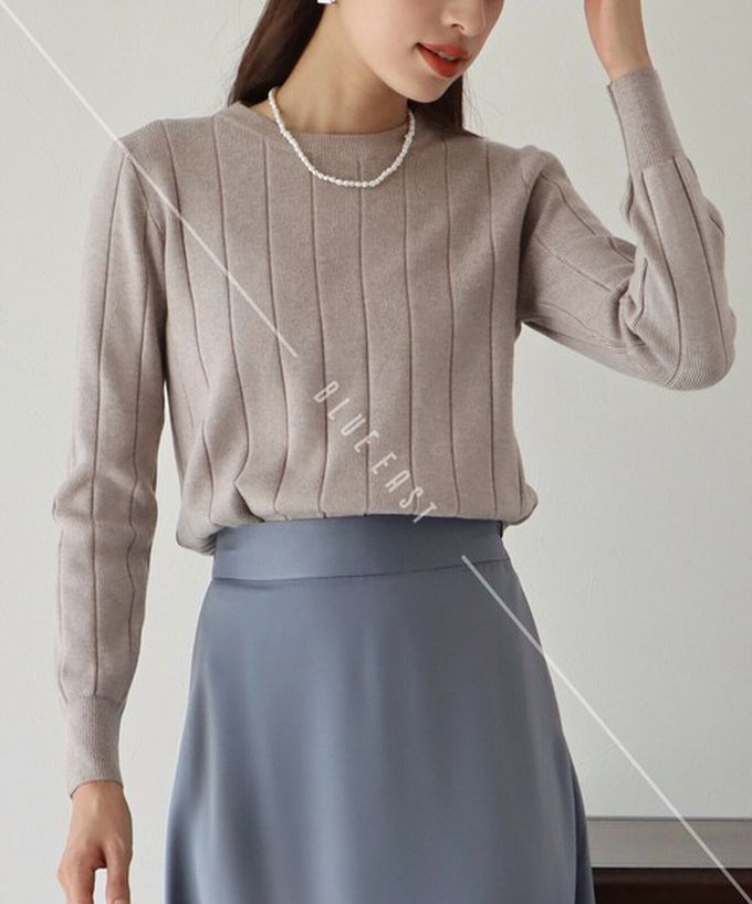 日本 BLUE EAST - 圓領粗坑條長袖針織上衣-酒紅