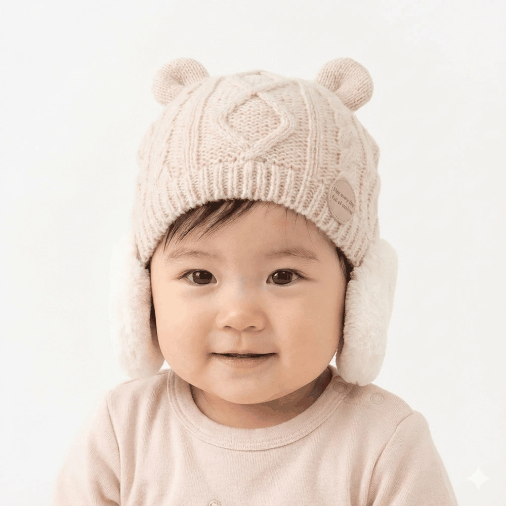 小熊針織帽-刷毛耳罩-灰色