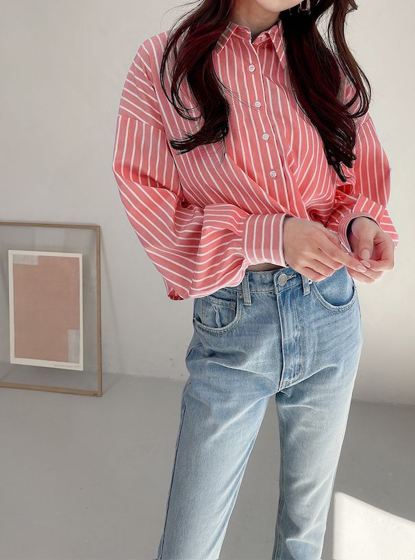 日本 GRL - 休閒短版直條紋落肩襯衫-淺灰棕 (F)