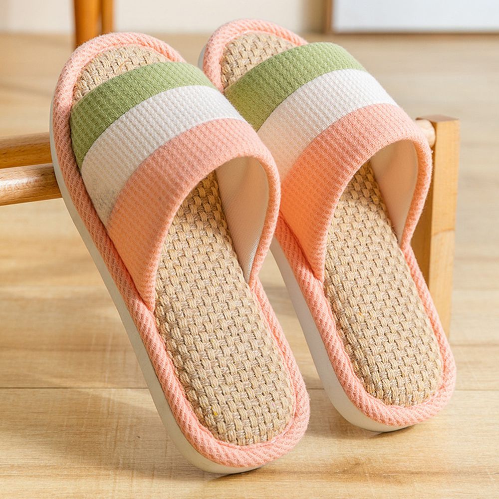 亞麻室內拖鞋-拼色-粉色