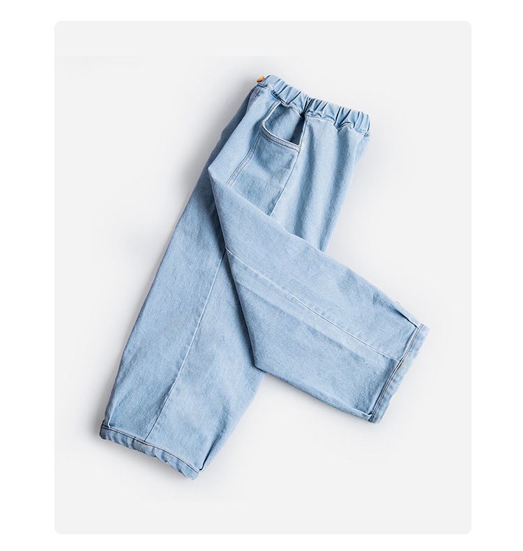 純棉寬鬆休閒牛仔長褲-淺藍色