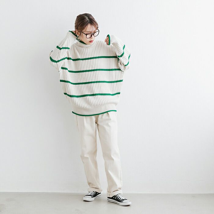 日本 ihuu - 率性線條高領厚針織長袖上衣-黑x白條紋