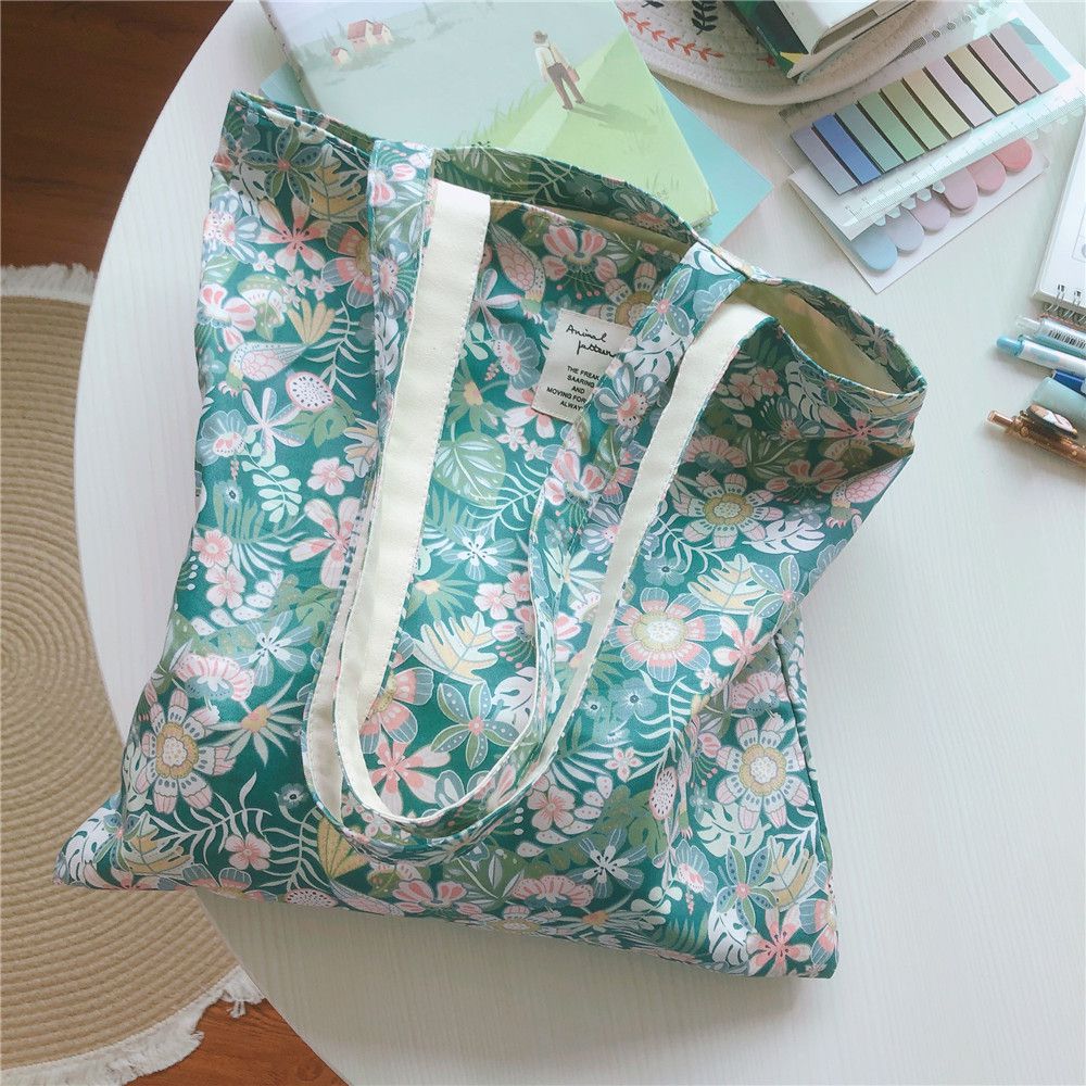 清新單肩手提帆布袋-綠底花園 (37*35cm)