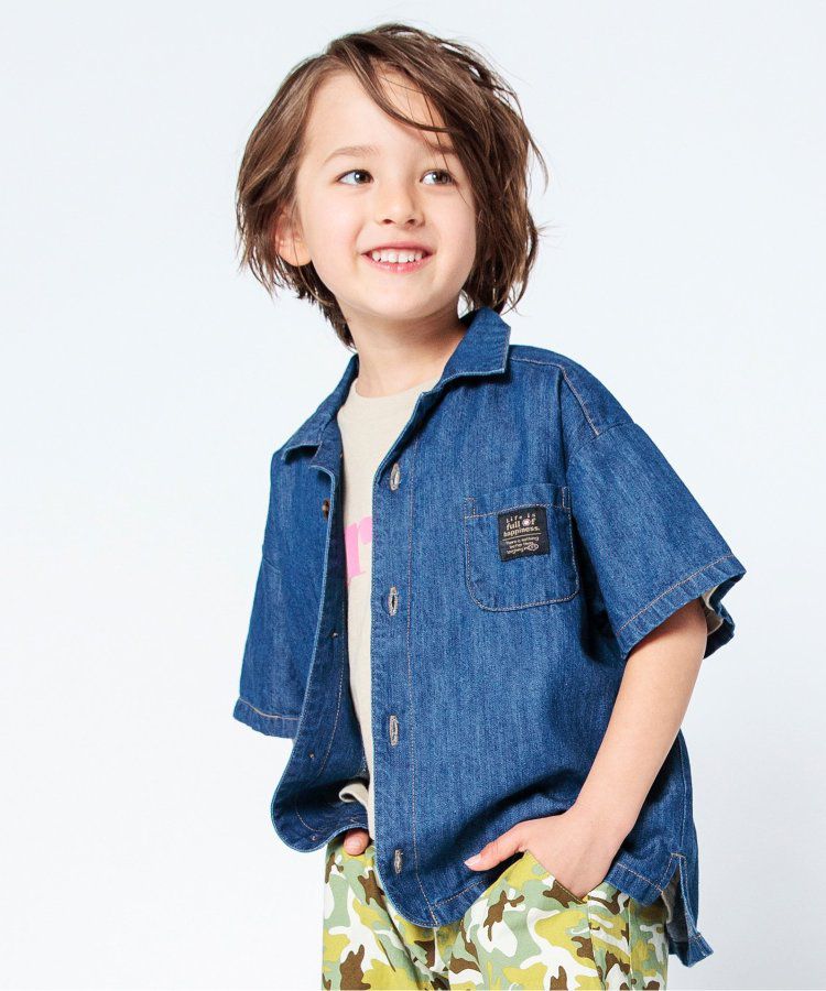 日本 BREEZE - 帥氣印花開襟短袖襯衫-丹寧藍