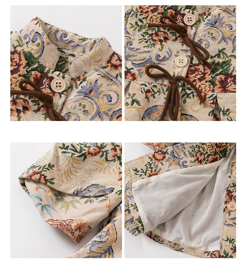 復古油畫風長版外套-花花-奶咖啡色