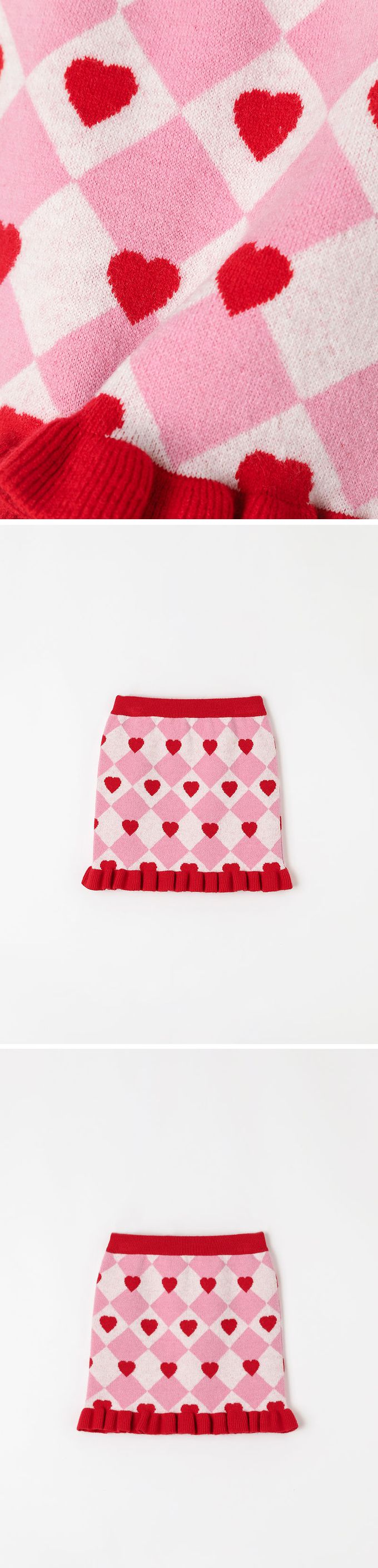 韓國 OZKIZ - 鬆緊腰方形愛心點綴針織短裙