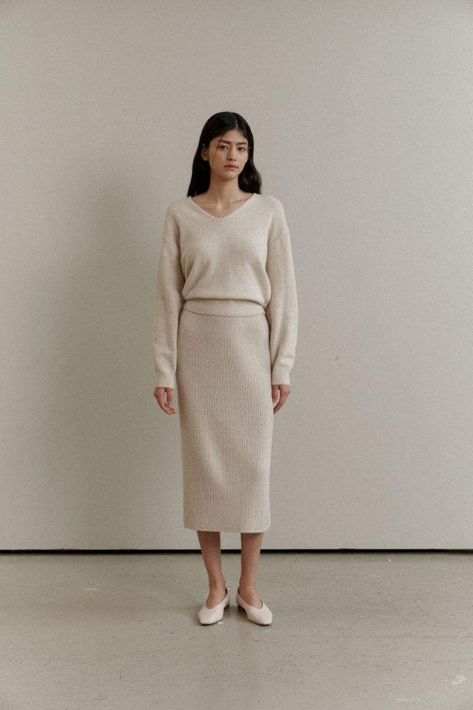 韓國女裝連線 - 彈性混羊毛坑條中長裙-灰 (FREE)