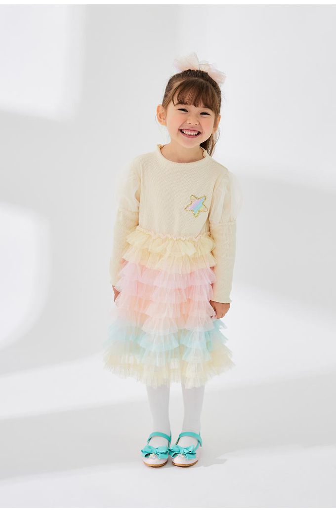 韓國 OZKIZ - 星星柔彩網紗拼接洋裝-奶油米