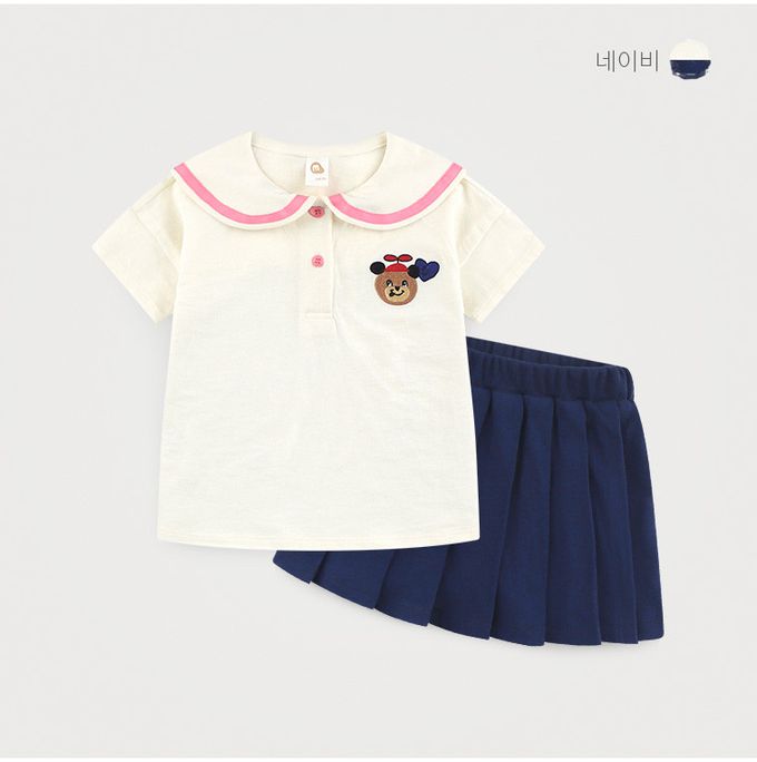 韓國 milk mile - 俏皮小熊印翻領百褶裙套裝-米白X紅