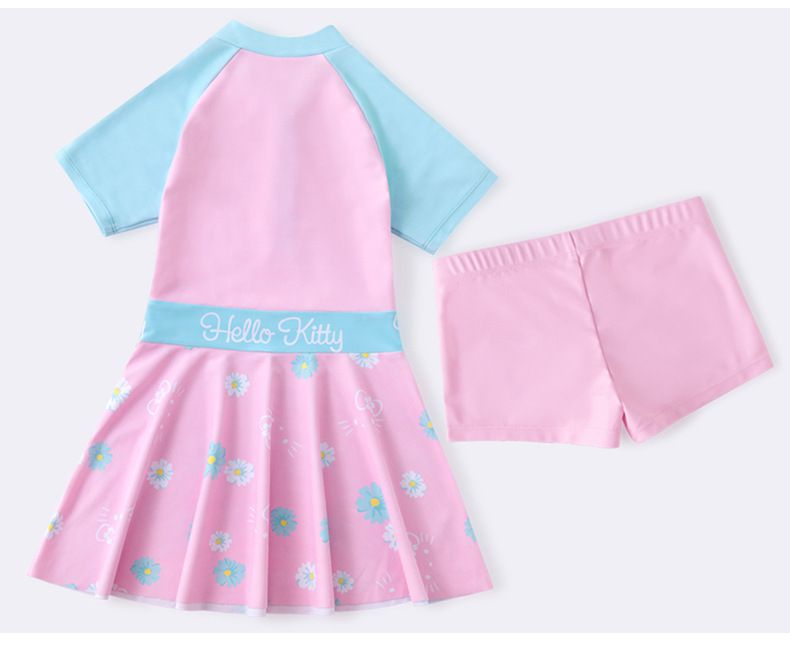 Hellokitty短袖連身泳裝-kitty與花花-粉+藍