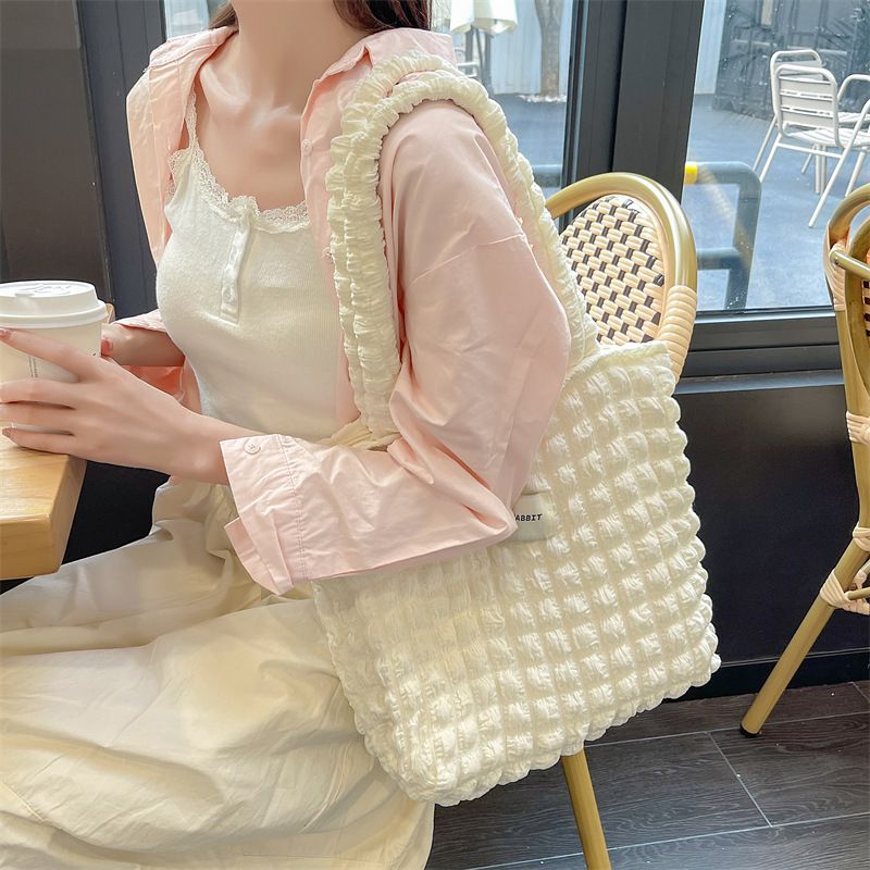 加厚奶油泡泡雲朵手提包/肩背包-米杏色 ((32+24)x40x14cm)