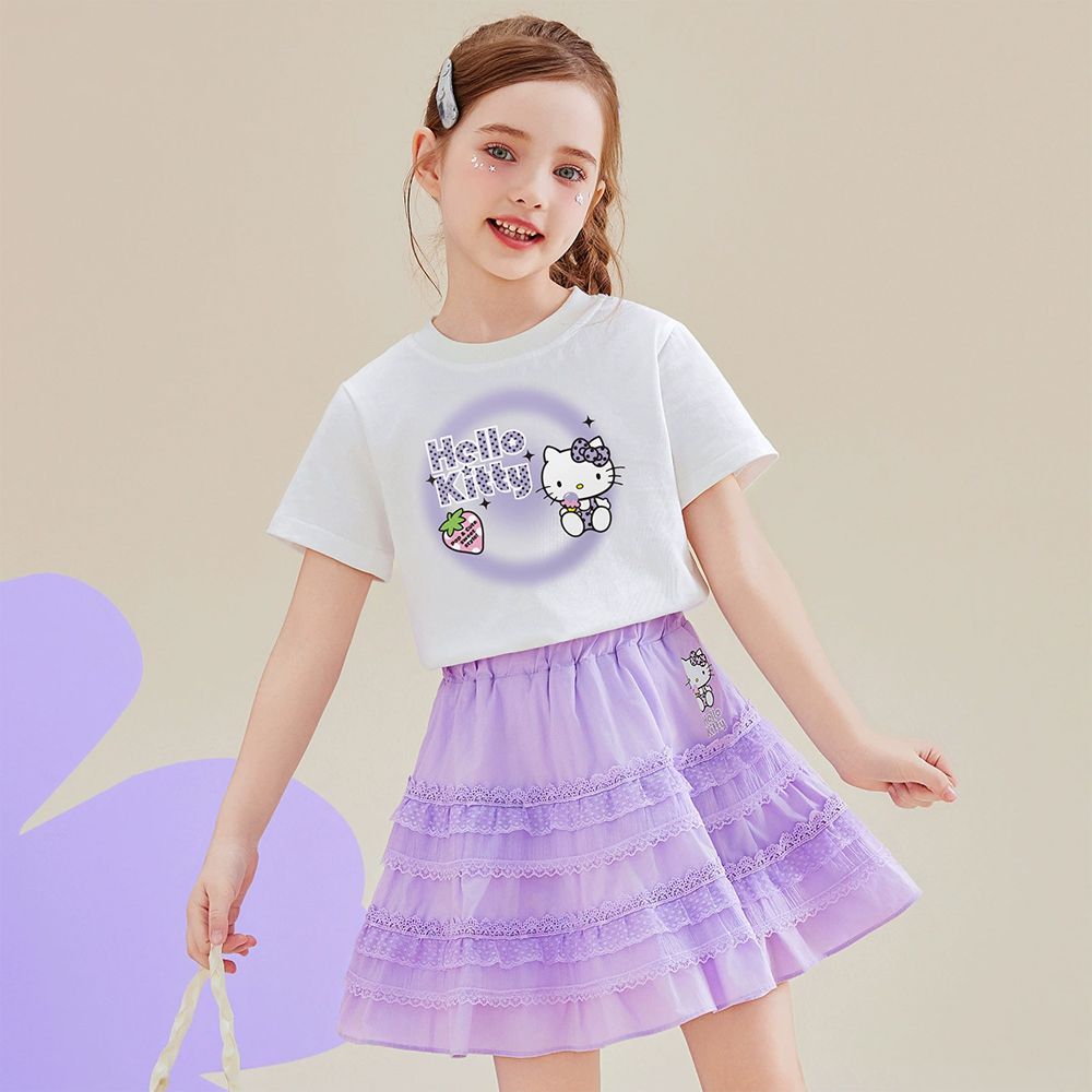 純棉短袖上衣+蕾絲拼接短裙套裝-卡通人物Hello Kitty-紫色