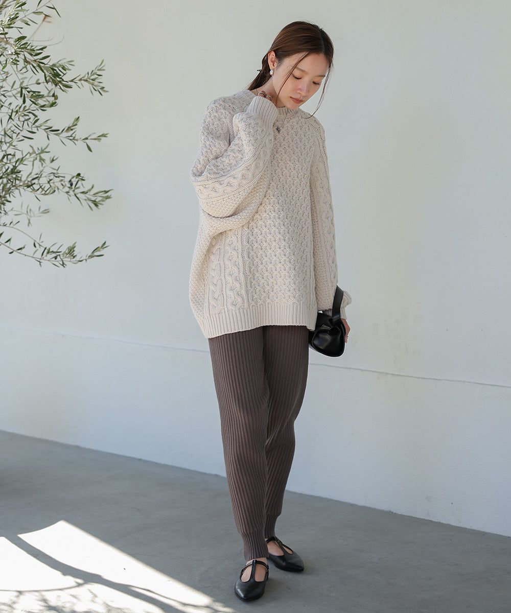 日本 Bab - 麻花編織大寬袖針織上衣-炭灰