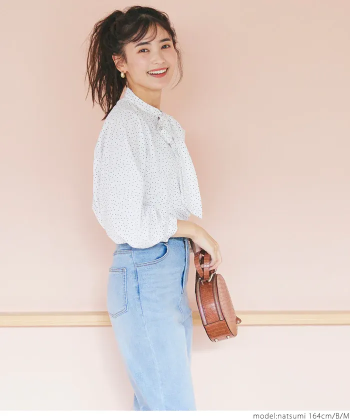 日本 COCA - 優雅紐結雪紡長袖上衣-點點-白