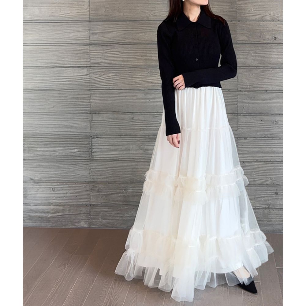 羅紋針織開襟上衣+蓬蓬紗裙(2件式套裝)-黑x米白 (F)