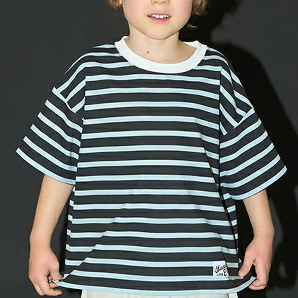 柔軟不易皺條紋落肩短袖上衣-淺藍x黑