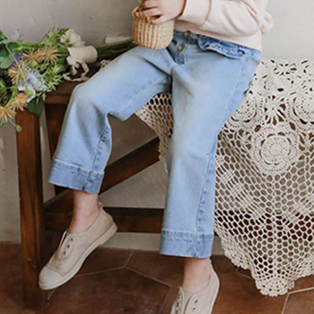 韓國 Puellaflo - 鬆緊腰３銅釦刷白直筒牛仔褲-淺藍