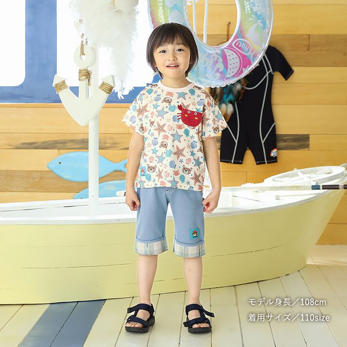 日本 ZOOLAND - 海洋印花網眼短袖上衣-滿版貝殼-淺灰