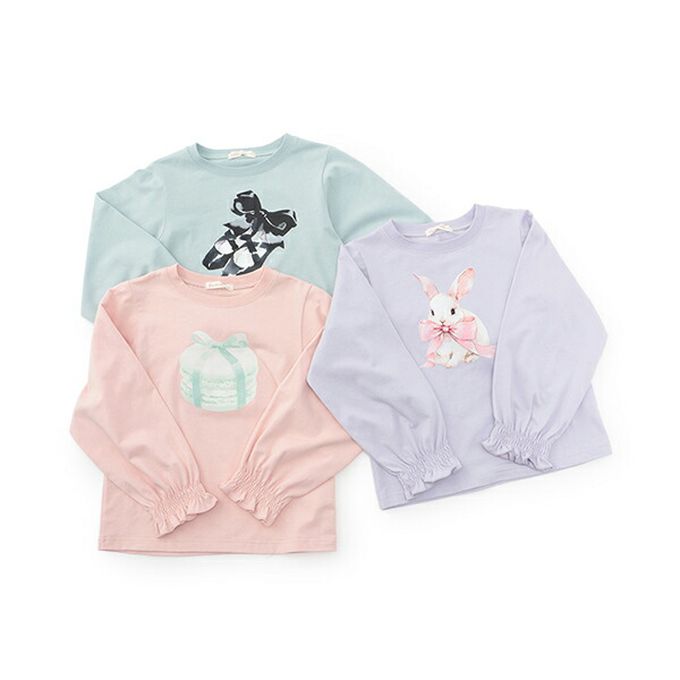 日本 Lycee mine - 夢幻印花荷葉縮口長袖上衣-優雅兔兔-粉紫