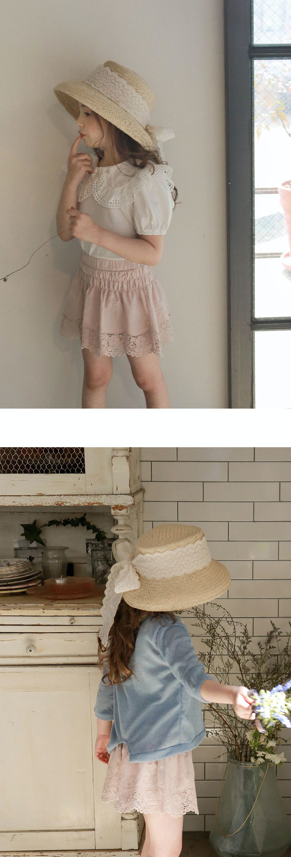 韓國 PuellaFLO - 波浪花朵蕾絲蝴蝶結草帽 (3-7Y適用)