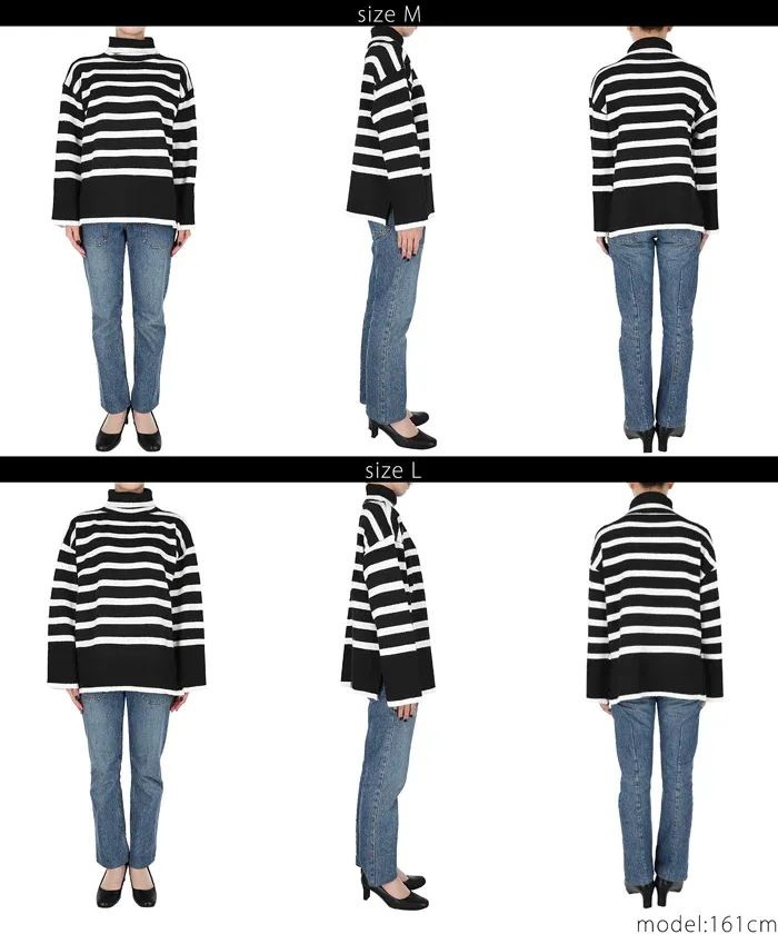 日本 COCA - 時尚條紋針織高領毛衣-白x黑