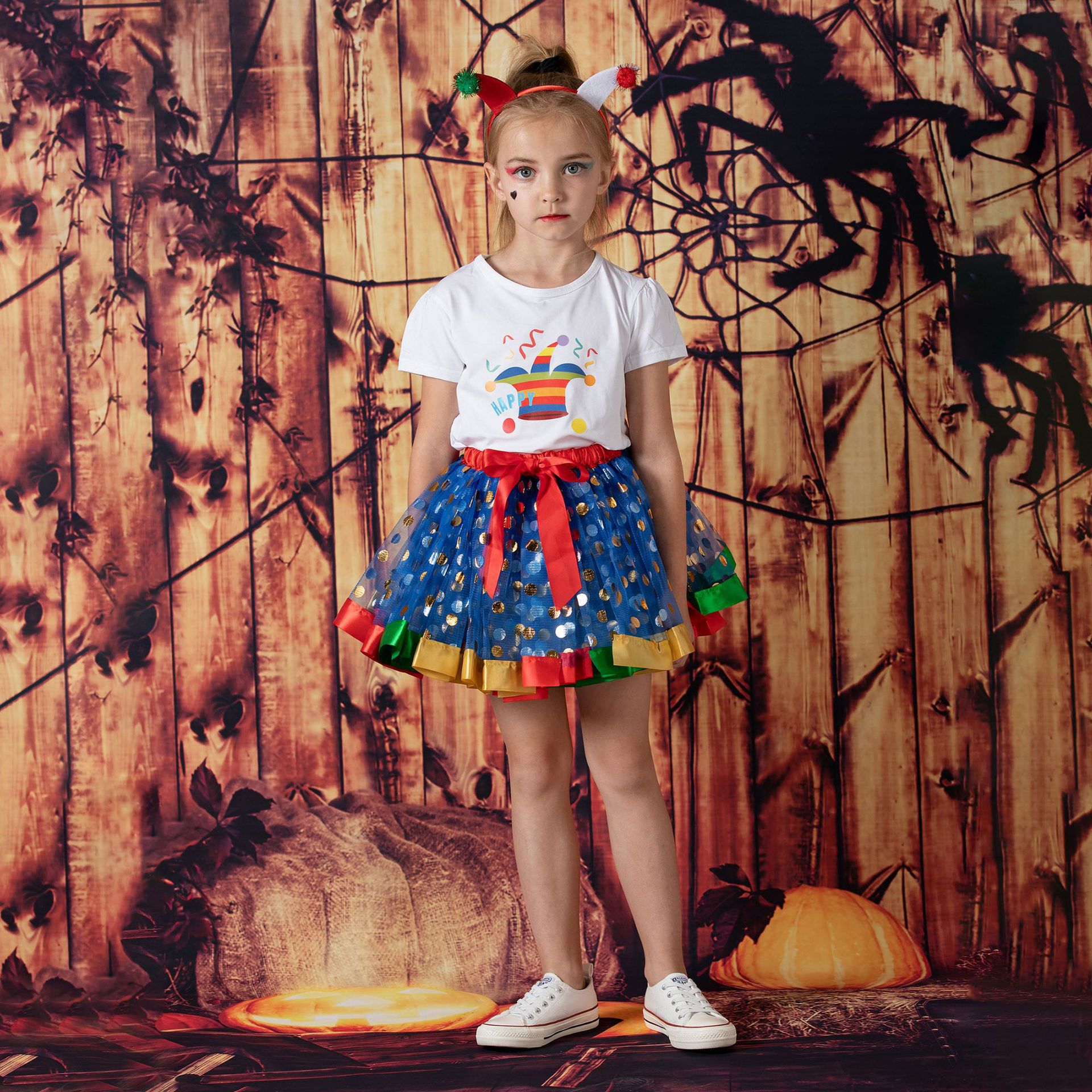 TUTUDRESS - 兒童網紗澎澎裙/片片裙+髮箍-小丑款-藍+紅+黃+綠-萬聖節裝扮