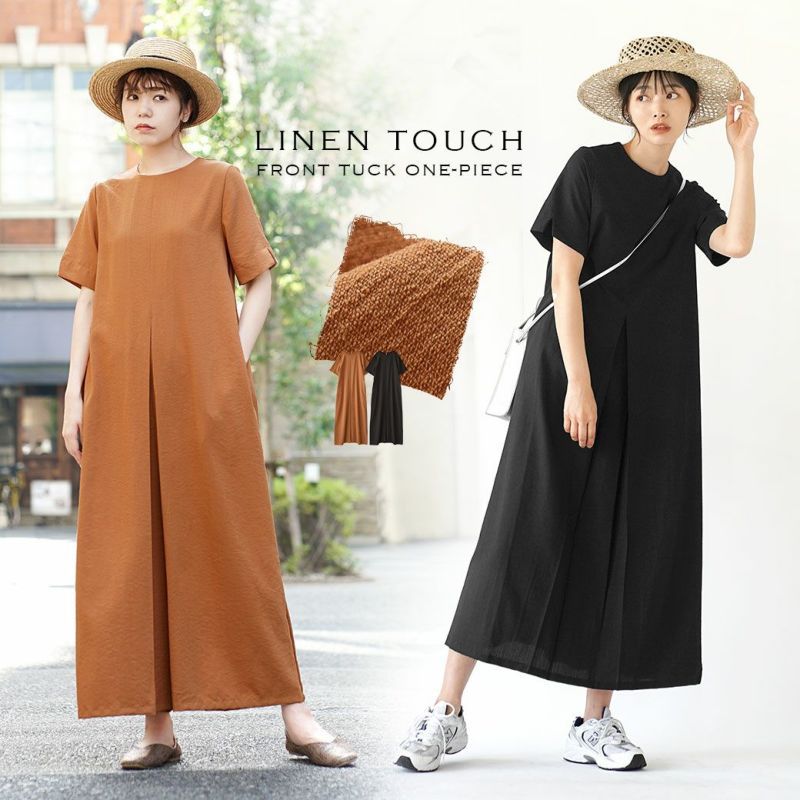 日本 zootie - 亞麻感俐落剪裁短袖洋裝-黑