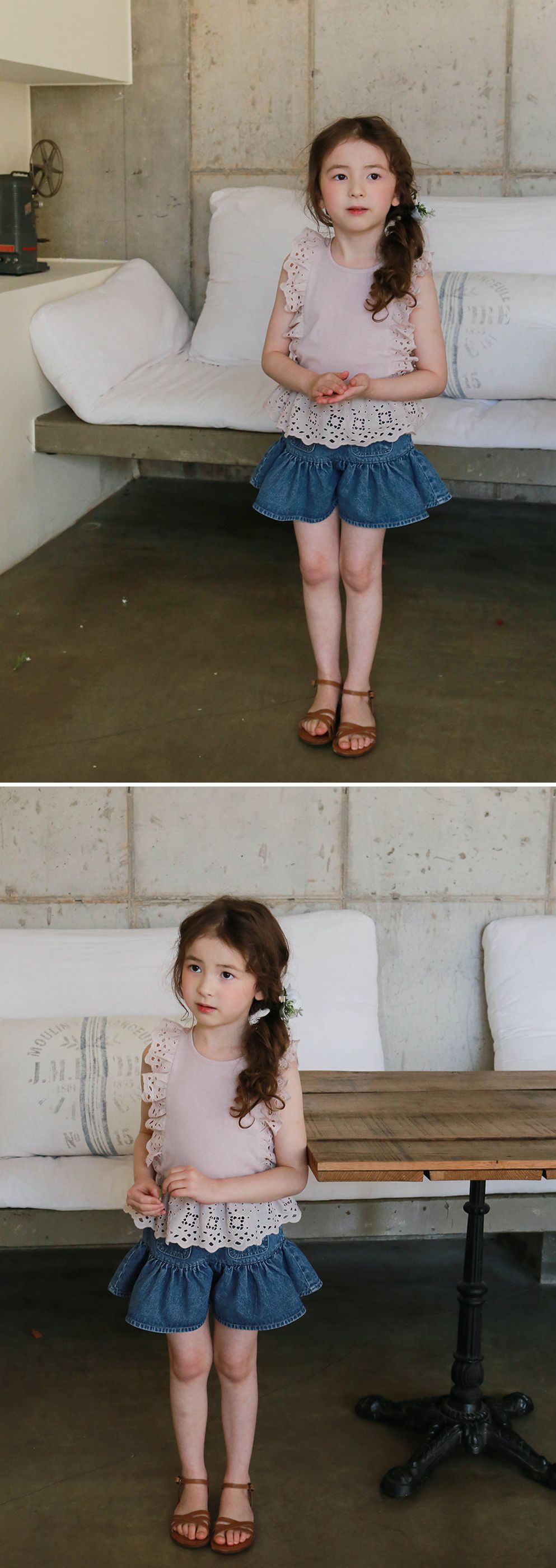 韓國 PuellaFLO - 鏤空荷葉無袖上衣-藕粉