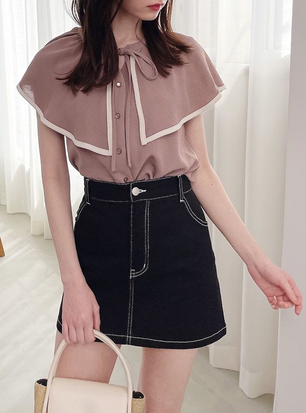 日本 GRL - 氣質大領撞色滾邊無袖上衣-白