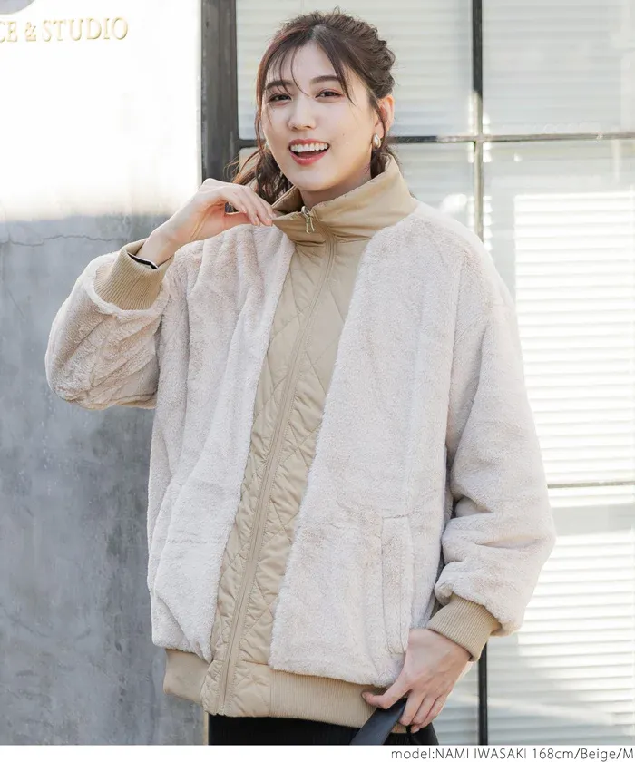 日本 COCA - 雙面穿絨毛絎縫立領鋪棉夾克-軍綠