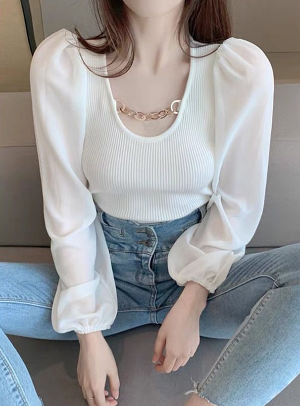 日本 GRL - 透膚薄紗拼接圓領金屬鏈長袖上衣-黑