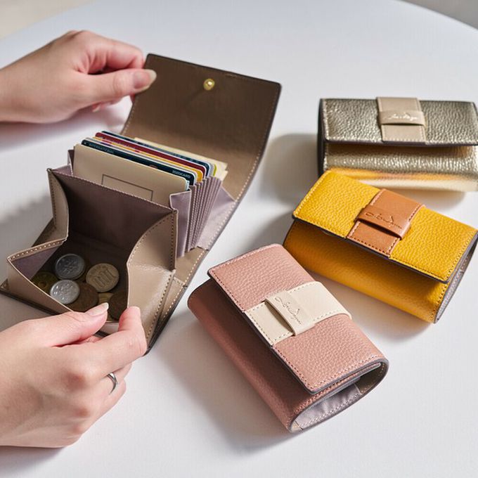 日本 LIZDAYS - 真皮迷你三折配色風琴短夾-灰x水藍