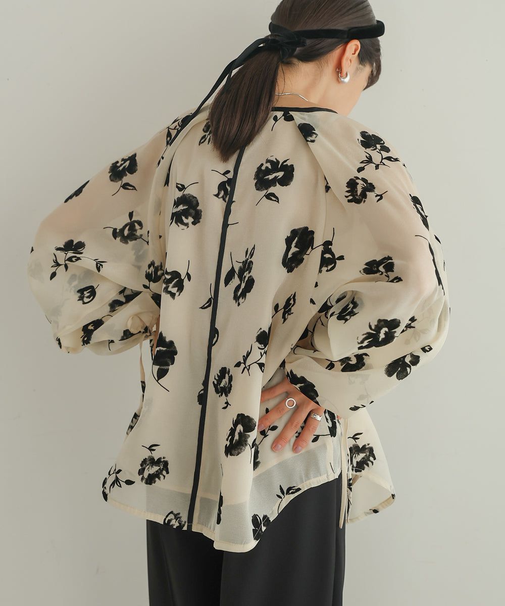 日本 Bab - 緹花透感泡泡長袖上衣-黑