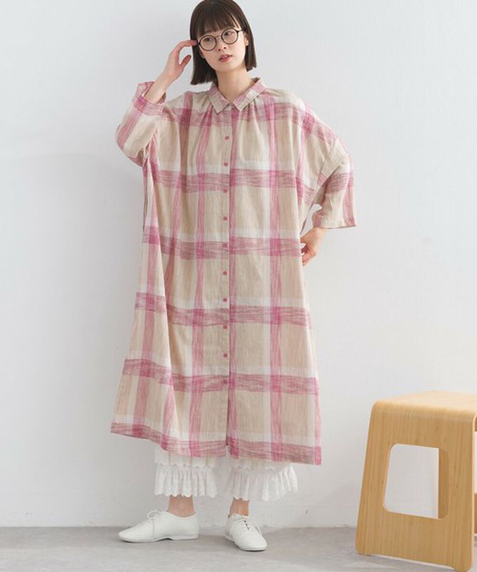 日本 Lupilien - 休閒率性格紋七分袖襯衫洋裝-粉紅x卡其