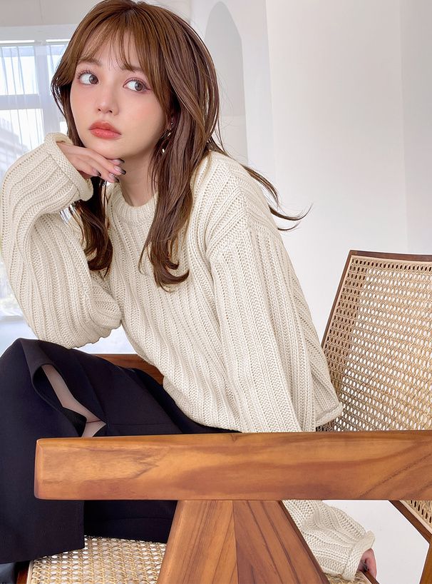 日本 GRL - 圓領坑條短版針織上衣-米杏 (F)